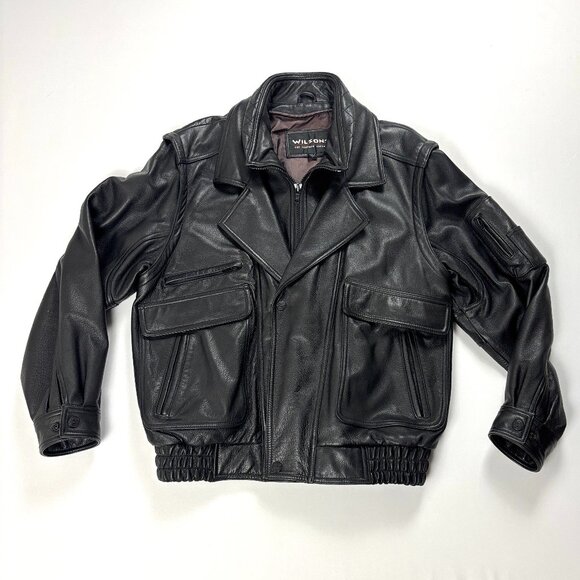 Wilsons Mens Leather Bomber Jacket Black Sz L Great Cond Biker Zip Snap Lined - Picture 1 of 7
